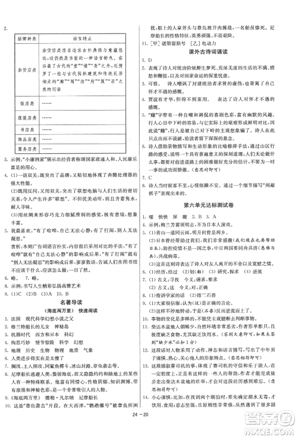 江蘇人民出版社2022年1課3練單元達(dá)標(biāo)測試七年級下冊語文人教版參考答案