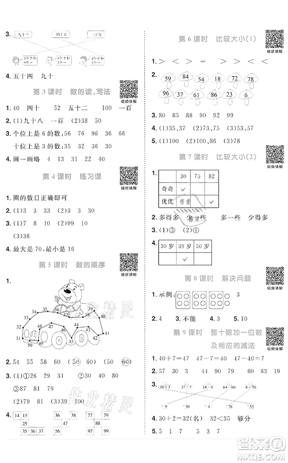 浙江教育出版社2022陽光同學課時達標訓練一年級數(shù)學下冊R人教版浙江專版答案