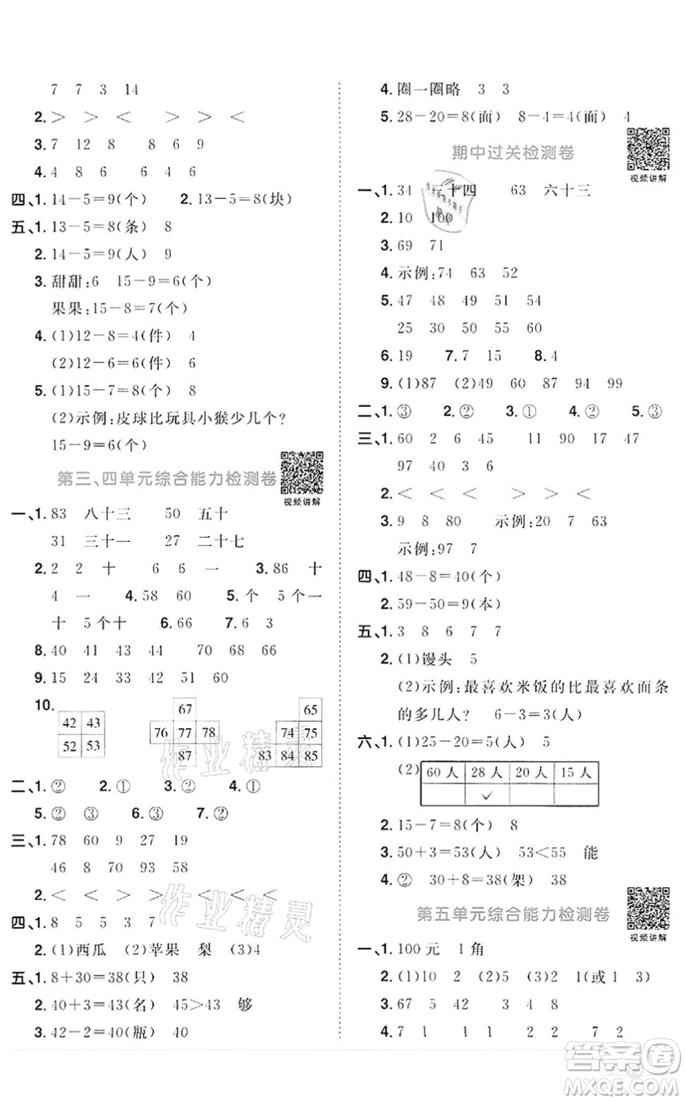 浙江教育出版社2022陽光同學課時達標訓練一年級數(shù)學下冊R人教版浙江專版答案