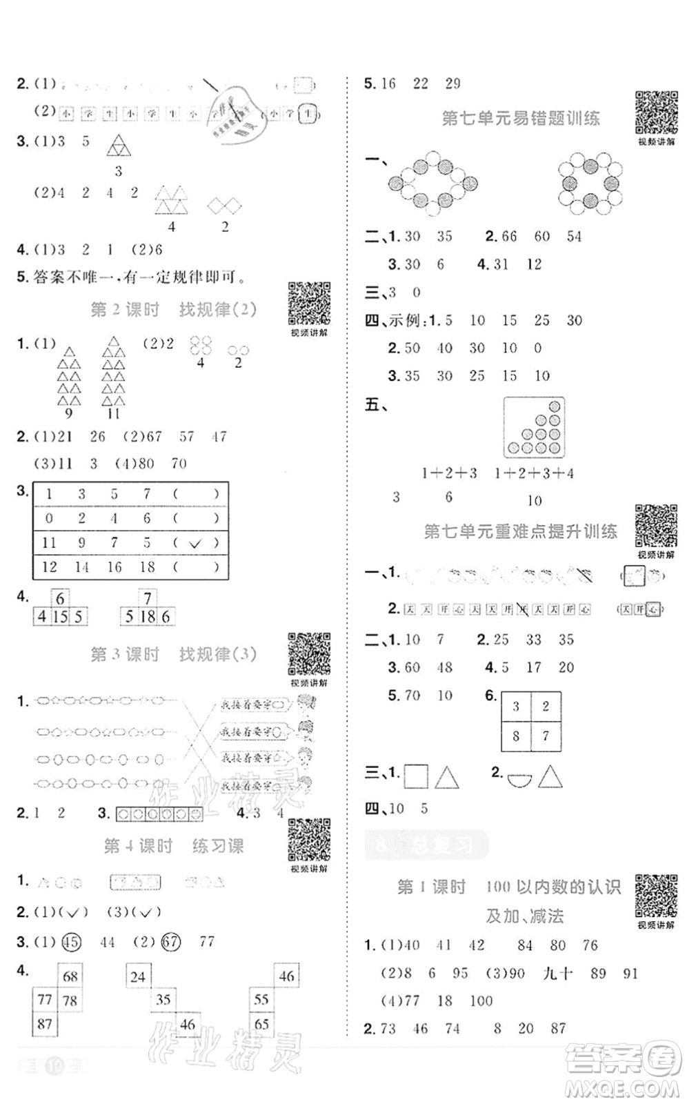 浙江教育出版社2022陽光同學課時達標訓練一年級數(shù)學下冊R人教版浙江專版答案