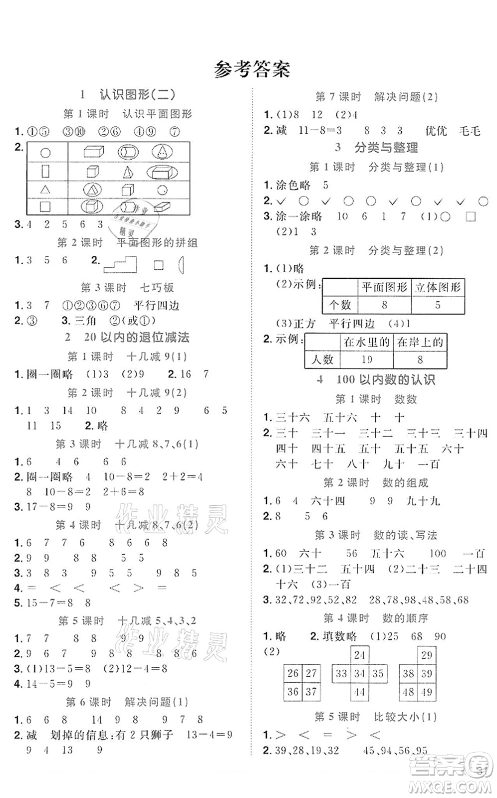 浙江教育出版社2022陽光同學課時達標訓練一年級數(shù)學下冊R人教版浙江專版答案