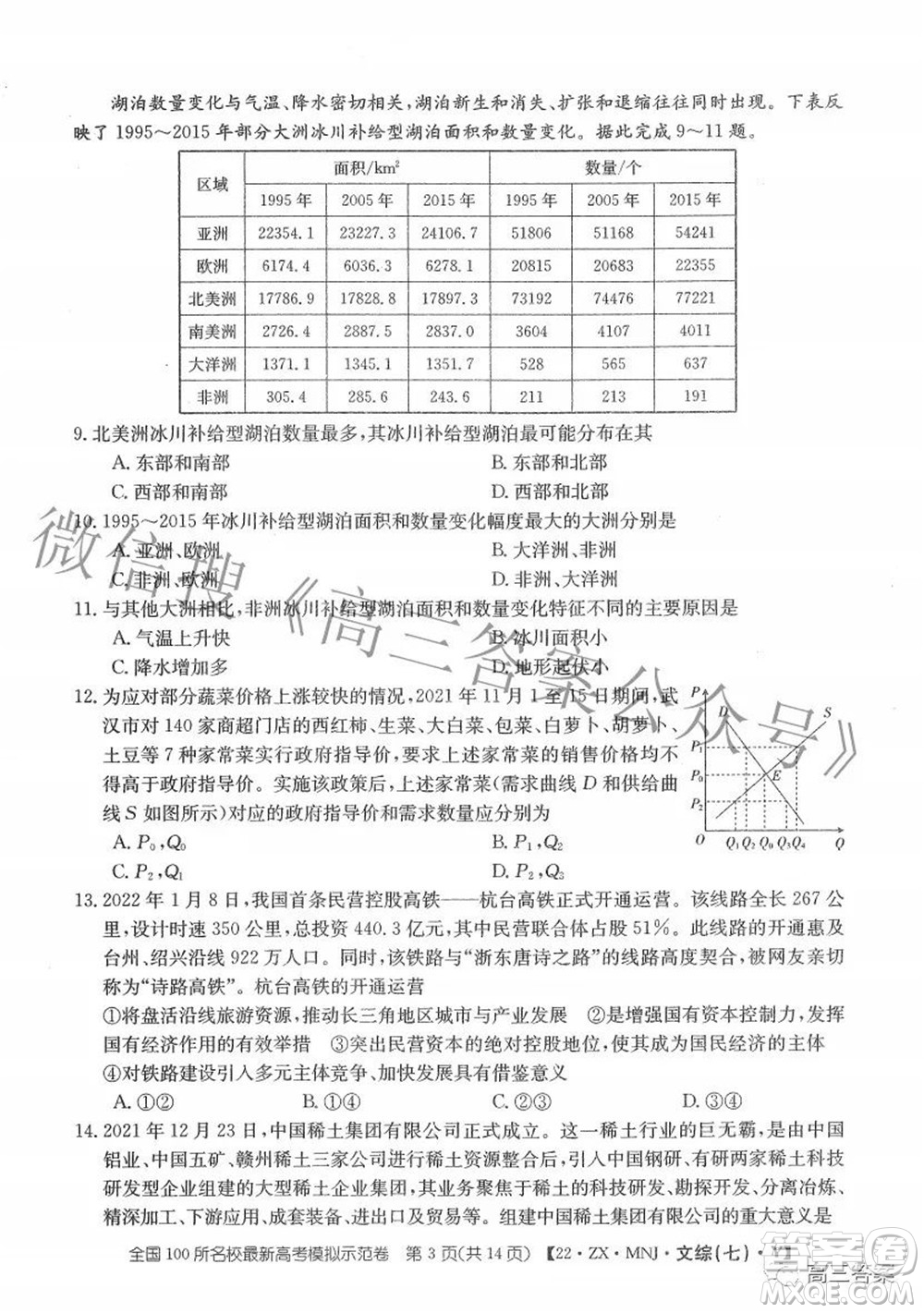 2022全國100所名校最新高考模擬示范卷七文科綜合試題及答案