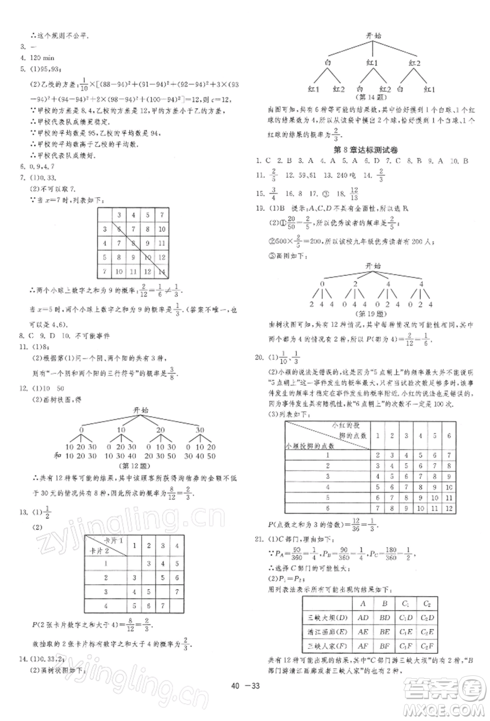 江蘇人民出版社2022年1課3練單元達(dá)標(biāo)測試九年級下冊數(shù)學(xué)蘇科版參考答案