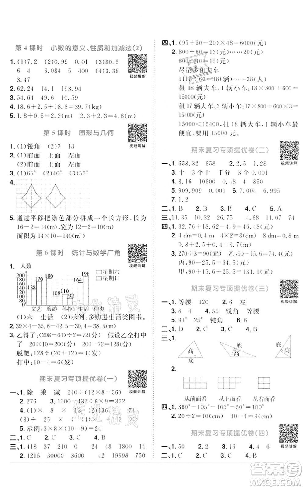 浙江教育出版社2022陽光同學(xué)課時(shí)達(dá)標(biāo)訓(xùn)練四年級數(shù)學(xué)下冊R人教版浙江專版答案