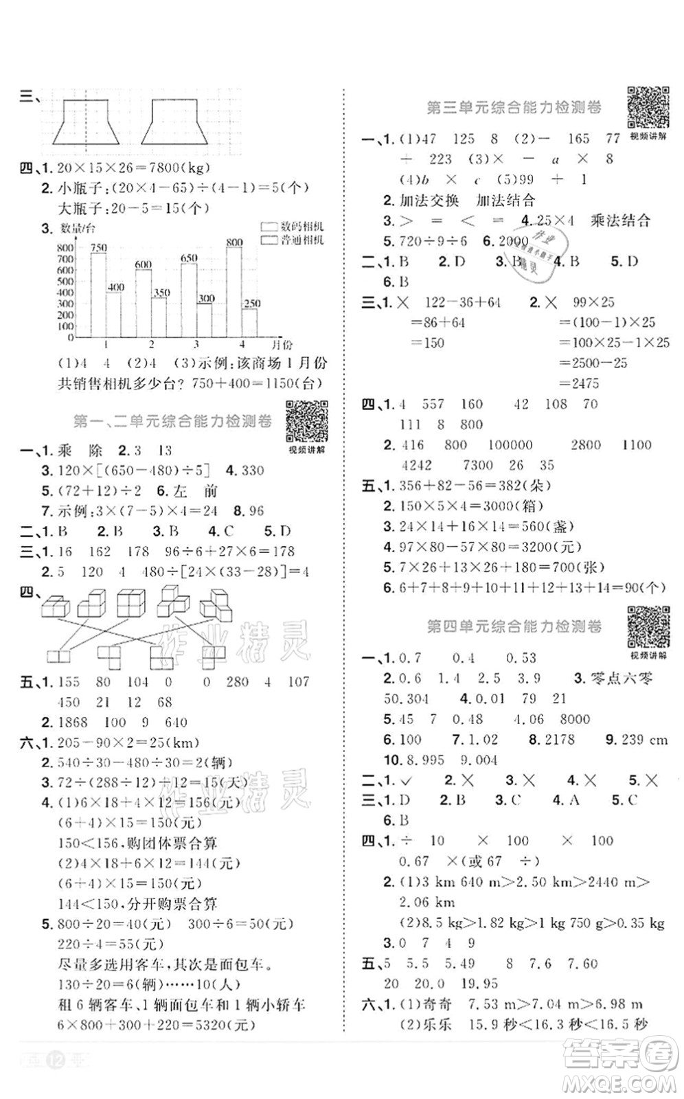 浙江教育出版社2022陽光同學(xué)課時(shí)達(dá)標(biāo)訓(xùn)練四年級數(shù)學(xué)下冊R人教版浙江專版答案