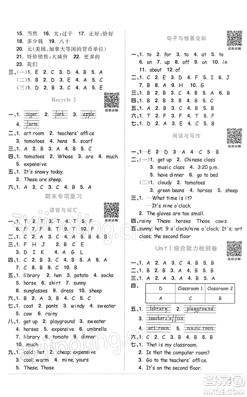 浙江教育出版社2022陽光同學(xué)課時(shí)達(dá)標(biāo)訓(xùn)練四年級英語下冊PEP版浙江專版答案