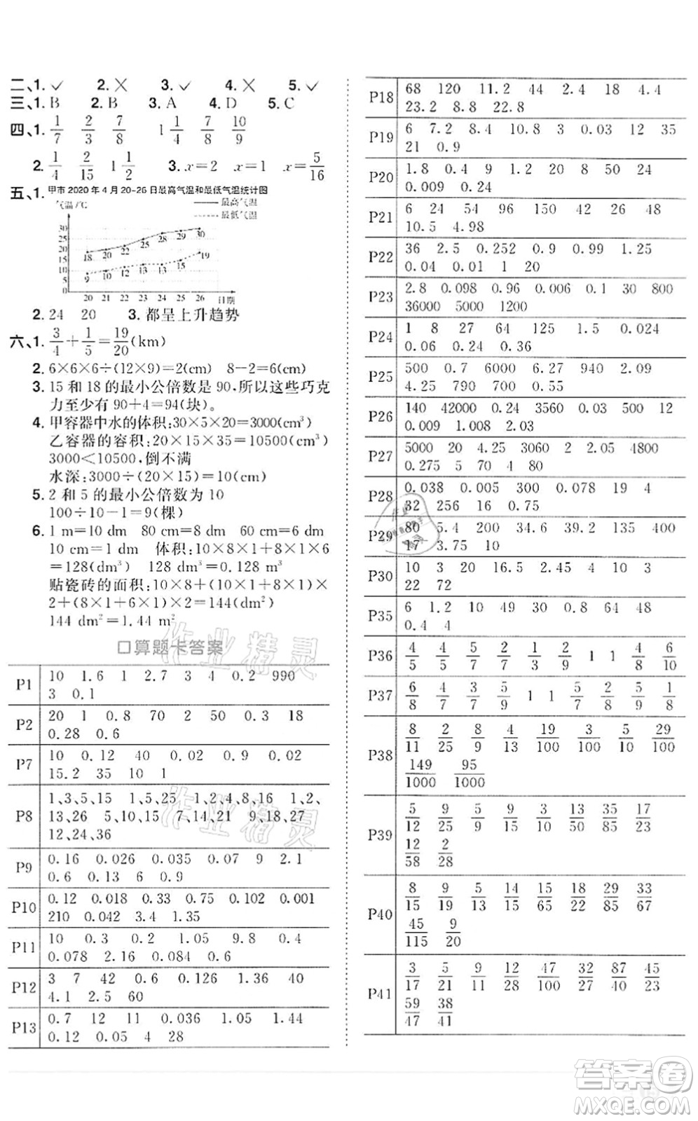 浙江教育出版社2022陽光同學(xué)課時達(dá)標(biāo)訓(xùn)練五年級數(shù)學(xué)下冊R人教版浙江專版答案