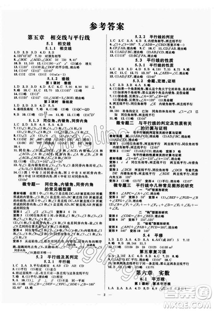 光明日報(bào)出版社2022全效學(xué)習(xí)數(shù)學(xué)七年級下冊RJ人教版精華版答案