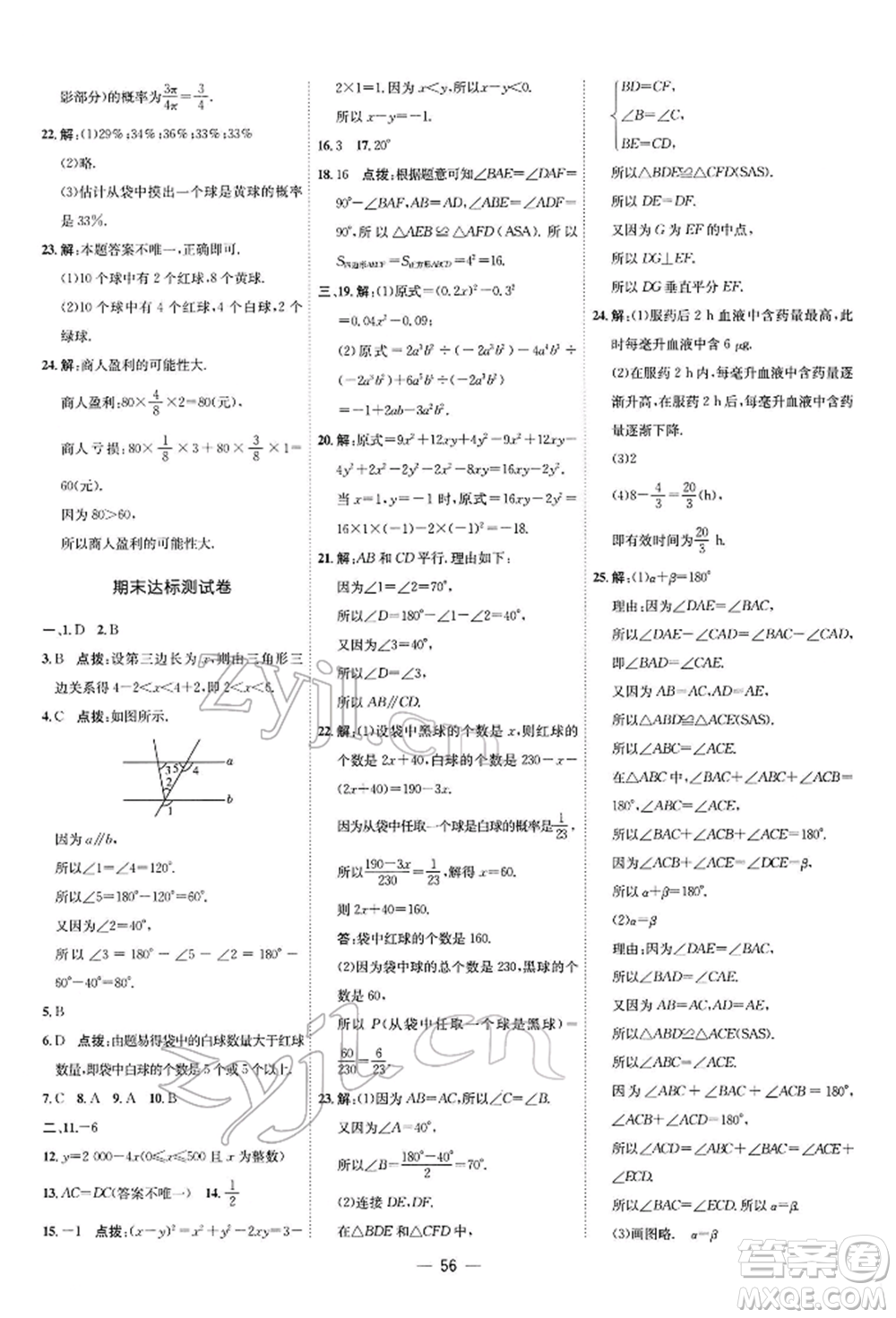 安徽教育出版社2022點撥訓練課時作業(yè)本七年級下冊數(shù)學北師大版參考答案