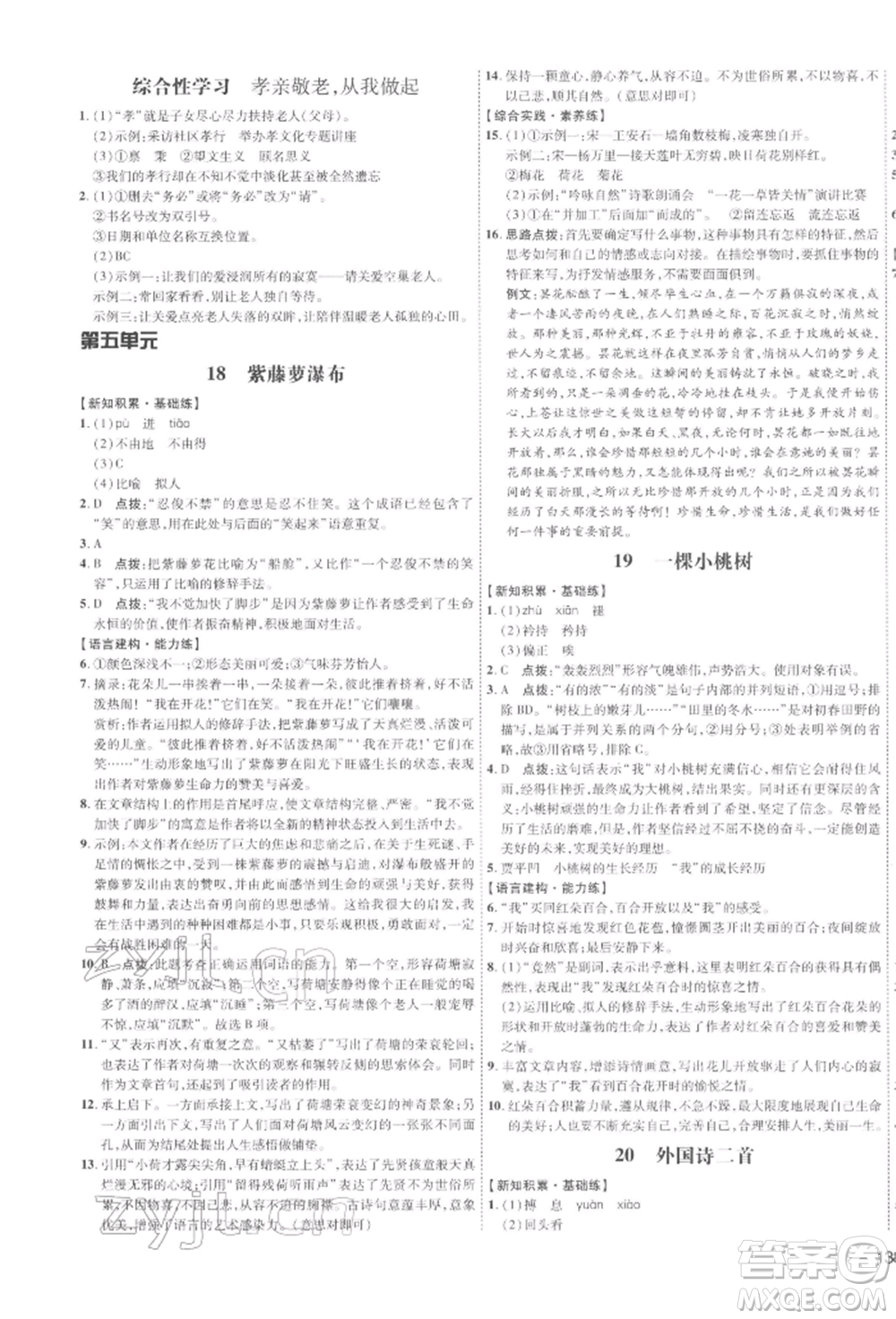 安徽教育出版社2022點撥訓練課時作業(yè)本七年級下冊語文人教版安徽專版參考答案