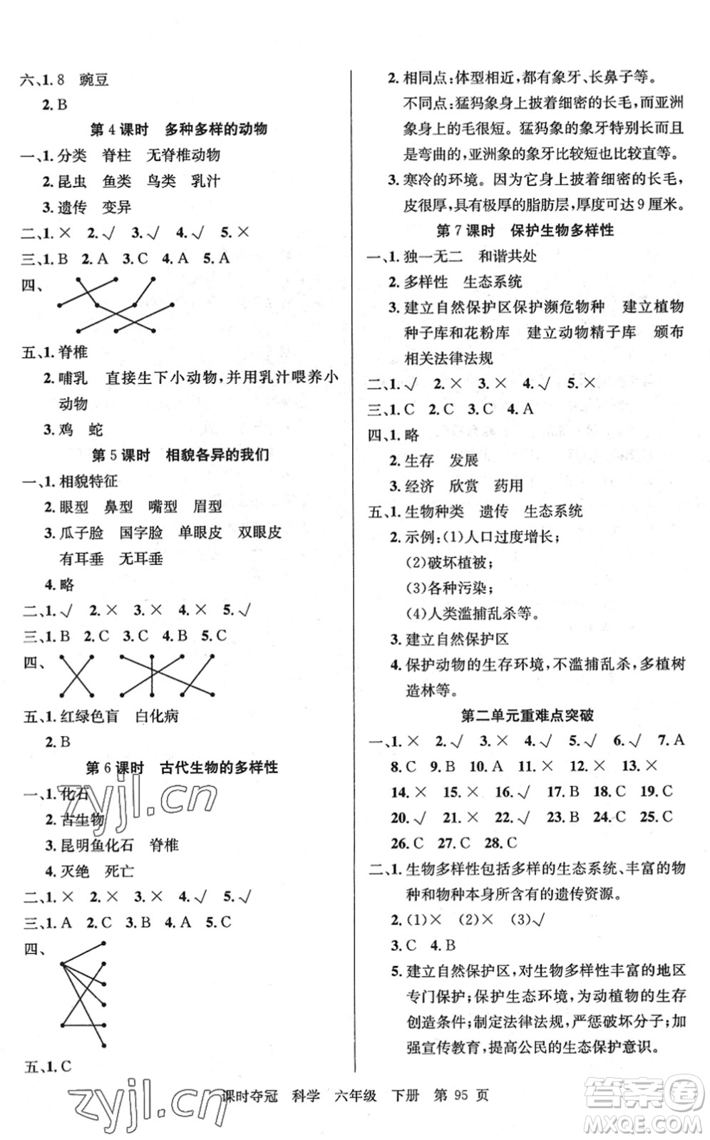 新疆科學(xué)技術(shù)出版社2022課時(shí)奪冠六年級(jí)科學(xué)下冊(cè)JK教科版答案