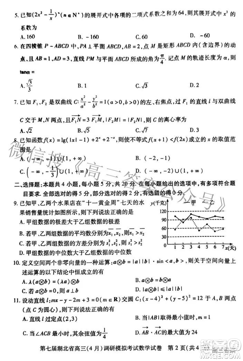 2022年第七屆湖北省高三4月調(diào)研模擬考試數(shù)學試題及答案