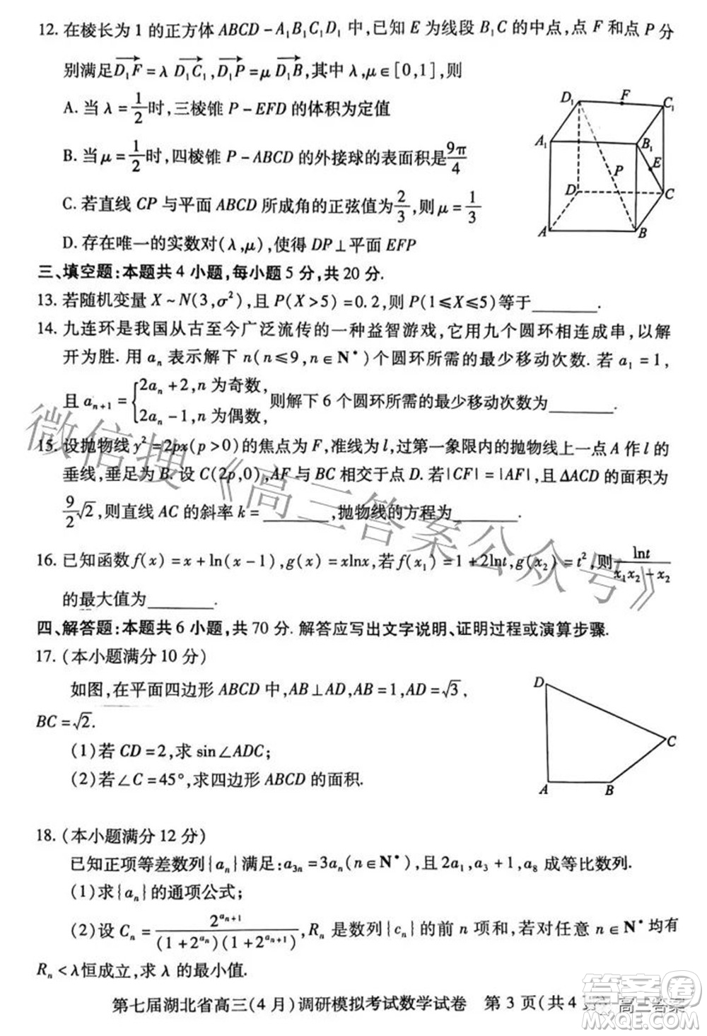 2022年第七屆湖北省高三4月調(diào)研模擬考試數(shù)學試題及答案