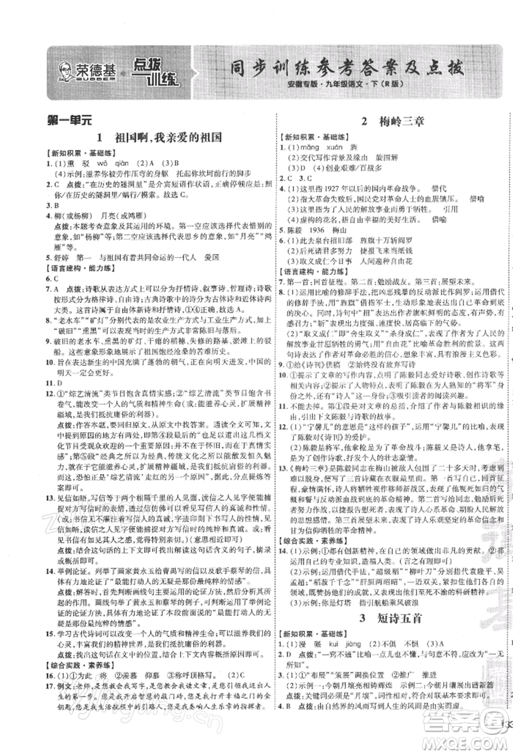 安徽教育出版社2022點(diǎn)撥訓(xùn)練課時作業(yè)本九年級下冊語文人教版安徽專版參考答案