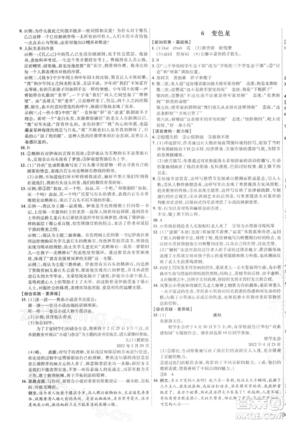 安徽教育出版社2022點(diǎn)撥訓(xùn)練課時作業(yè)本九年級下冊語文人教版安徽專版參考答案