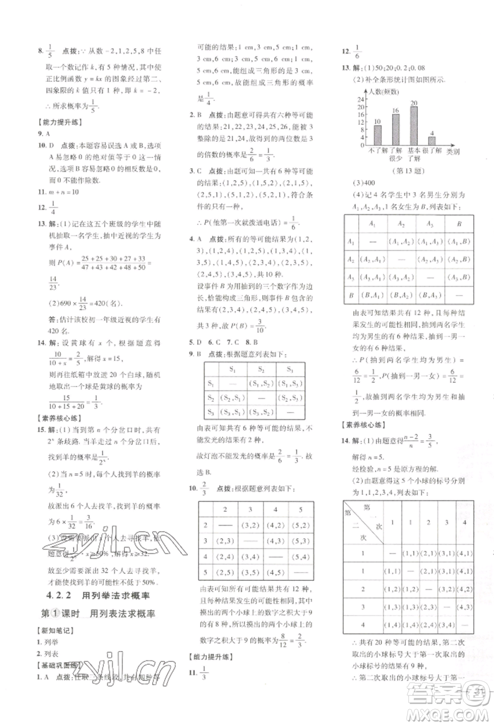 吉林教育出版社2022點(diǎn)撥訓(xùn)練課時(shí)作業(yè)本九年級下冊數(shù)學(xué)湘教版參考答案