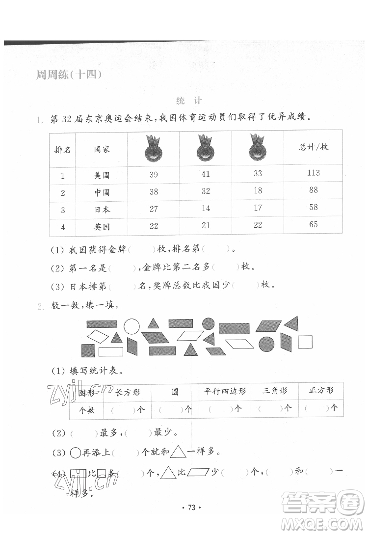 山東教育出版社2022金鑰匙小學(xué)數(shù)學(xué)試卷一年級(jí)下冊(cè)青島版答案