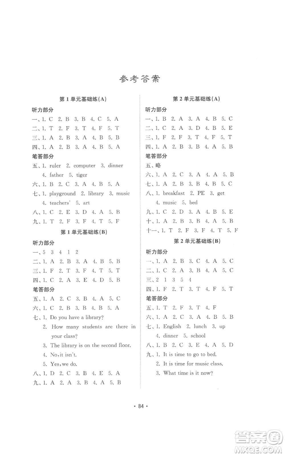 山東教育出版社2022金鑰匙小學英語試卷基礎練四年級下冊人教版參考答案