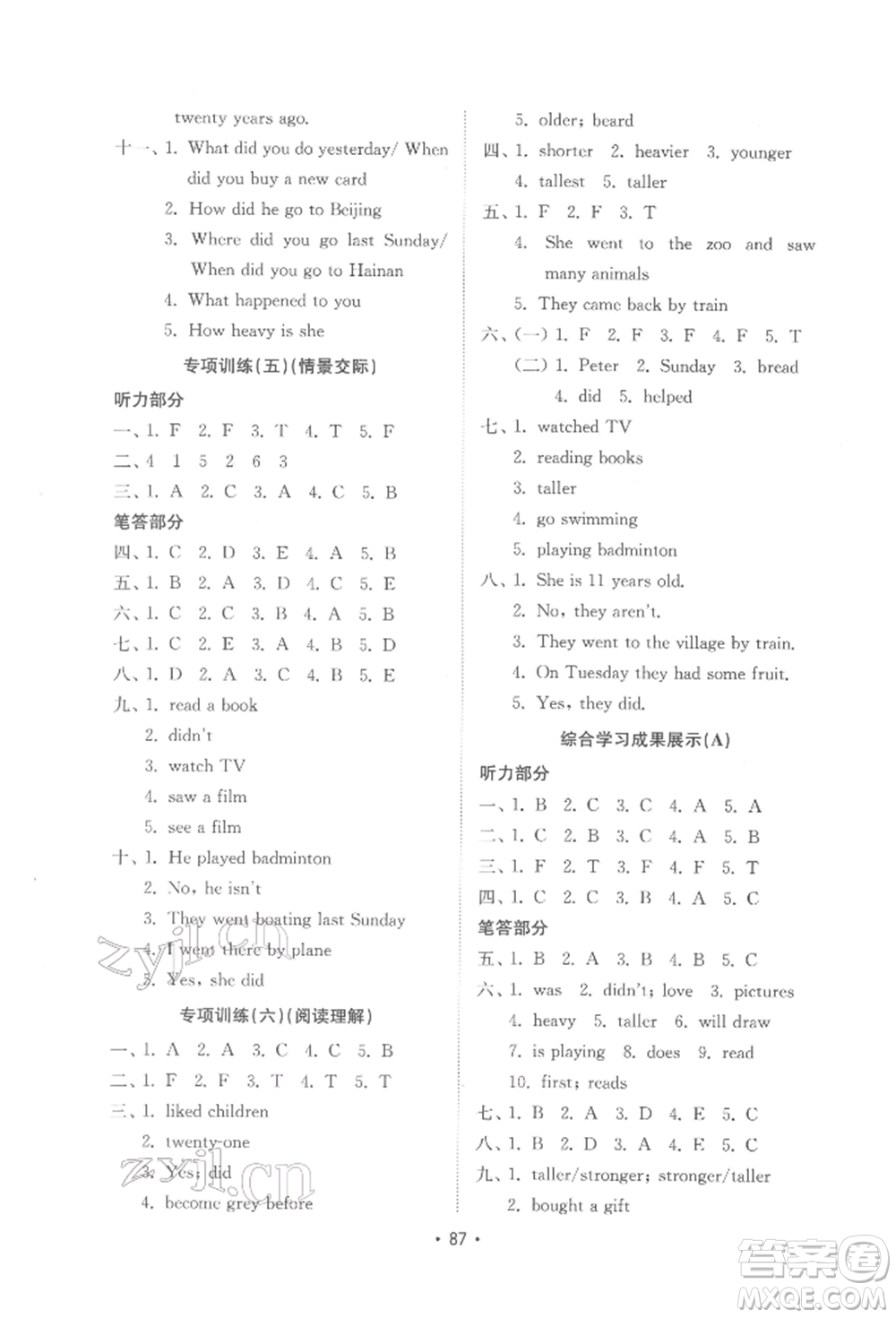 山東教育出版社2022金鑰匙小學(xué)英語試卷基礎(chǔ)練六年級下冊人教版參考答案