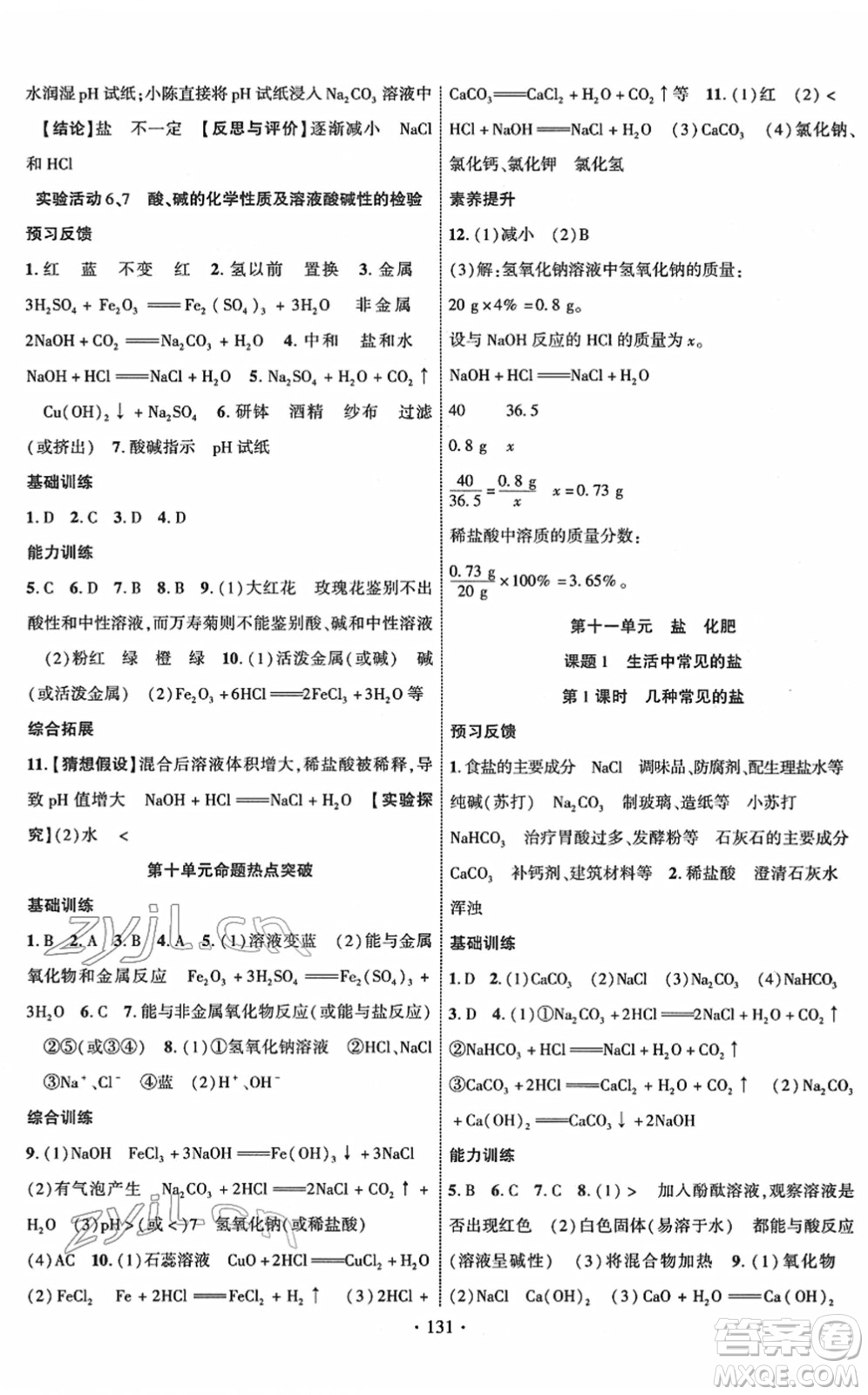 新疆文化出版社2022課時(shí)掌控九年級(jí)化學(xué)下冊(cè)RJ人教版答案