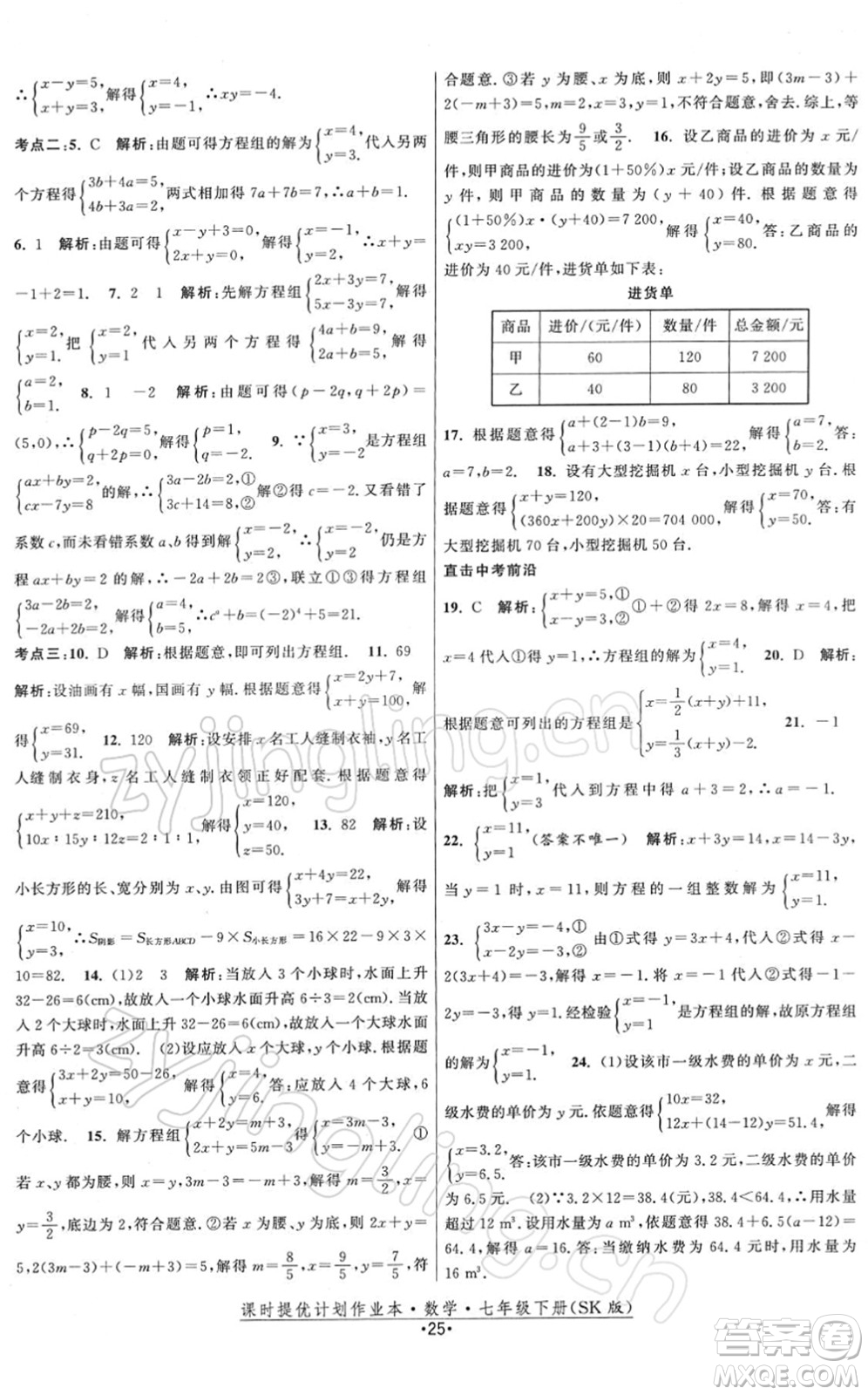 江蘇人民出版社2022課時提優(yōu)計劃作業(yè)本七年級數(shù)學(xué)下冊SK蘇科版答案