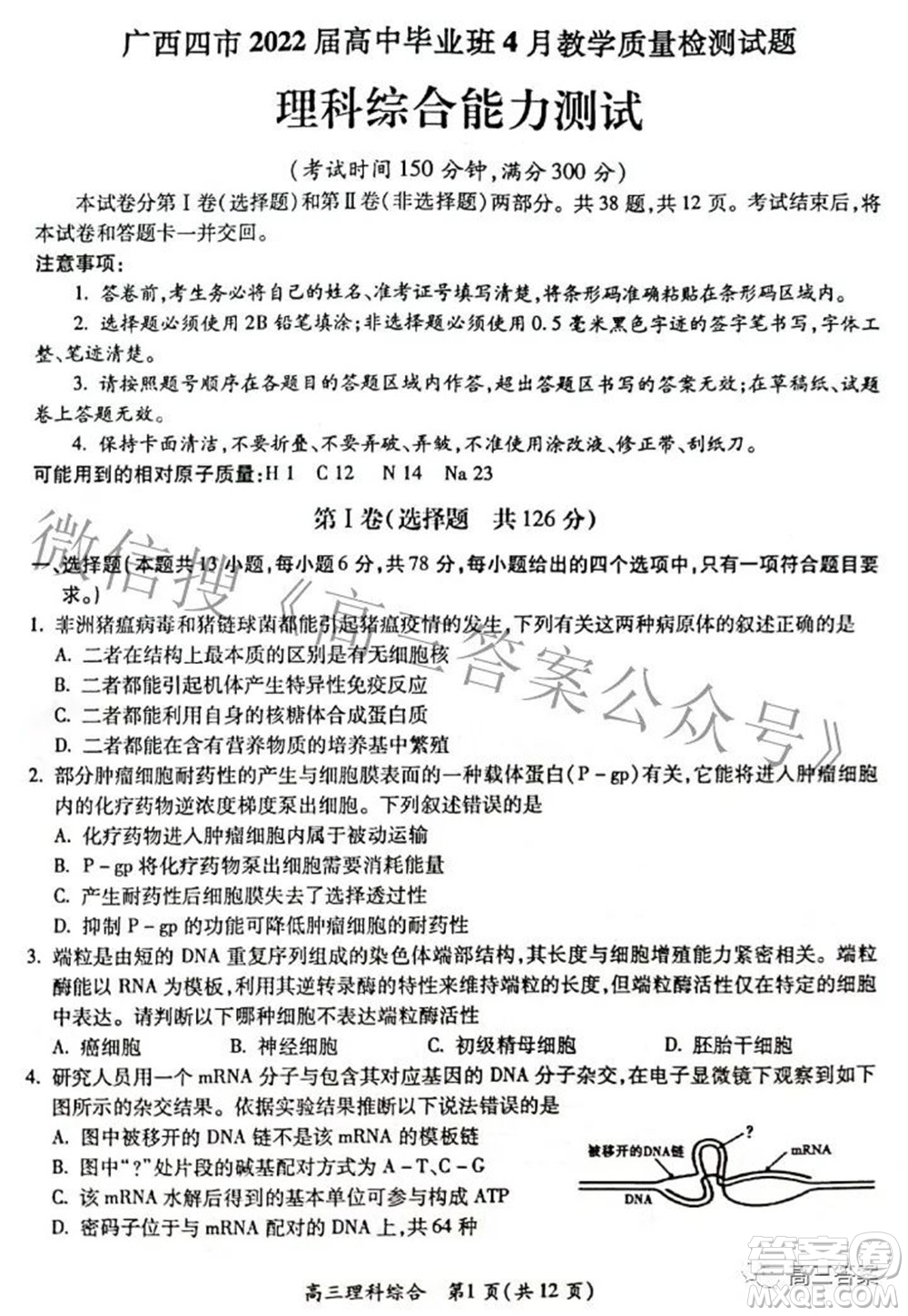 廣西四市2022屆高中畢業(yè)班4月教學質量檢測試題理科綜合試題及答案