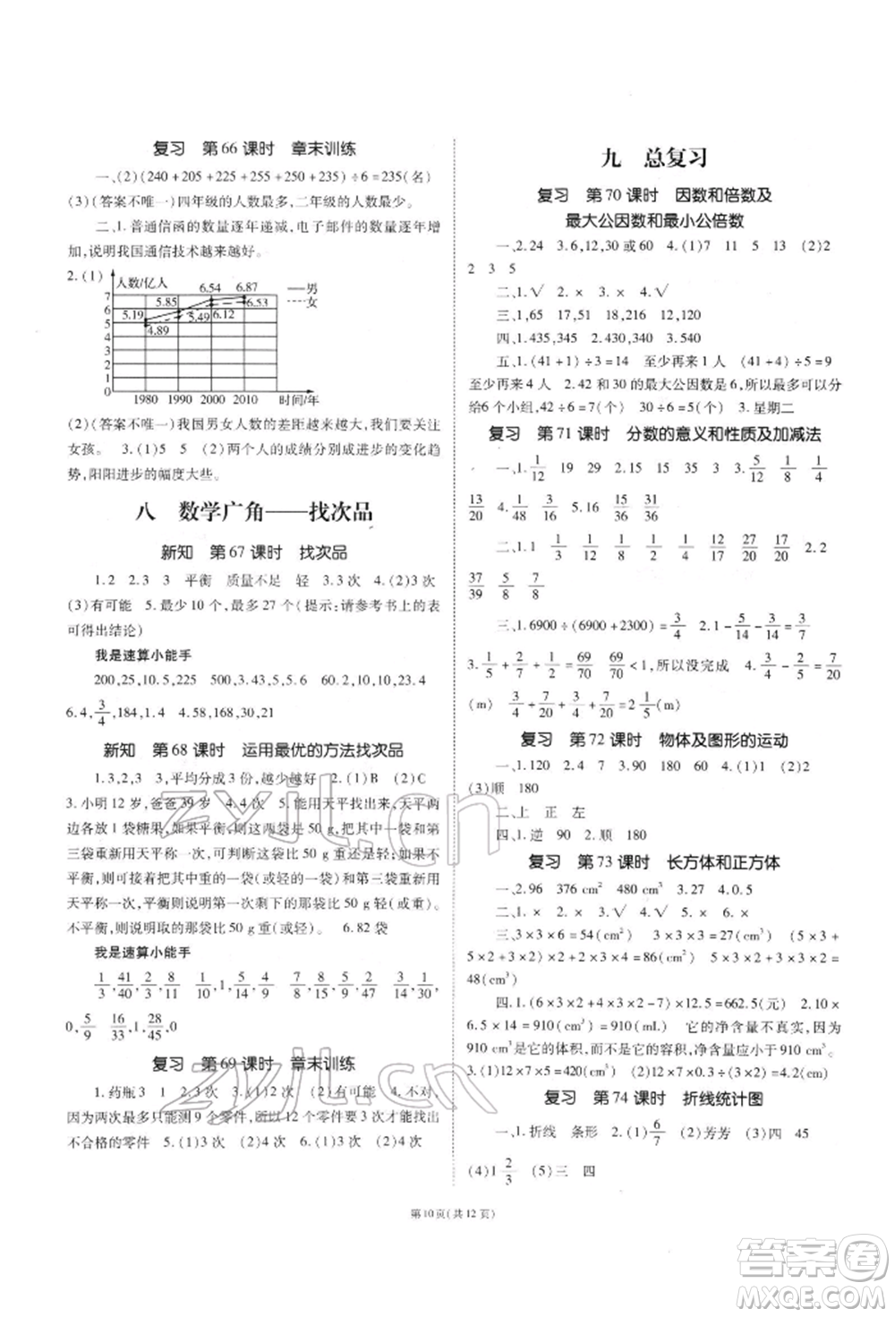 重慶出版社2022天下通課時(shí)作業(yè)本五年級下冊數(shù)學(xué)人教版參考答案