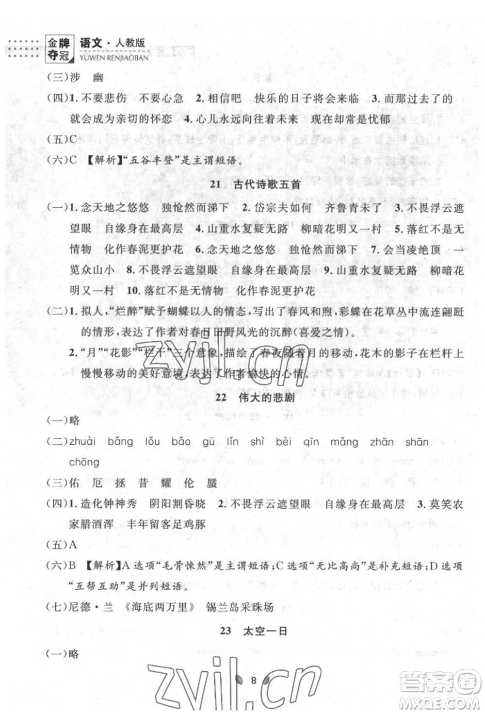 延邊大學(xué)出版社2022點(diǎn)石成金金牌奪冠七年級下冊語文人教版參考答案