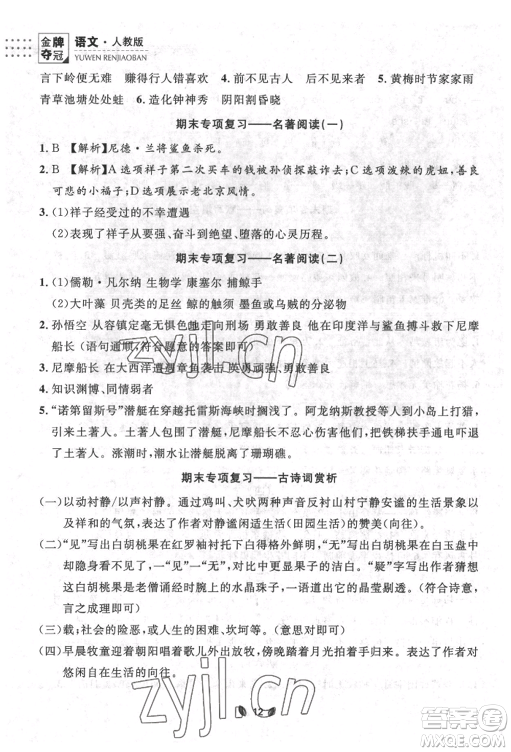 延邊大學(xué)出版社2022點(diǎn)石成金金牌奪冠七年級下冊語文人教版參考答案