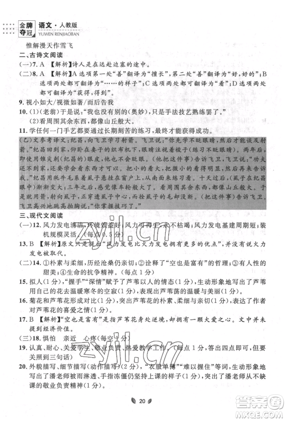 延邊大學(xué)出版社2022點(diǎn)石成金金牌奪冠七年級下冊語文人教版參考答案