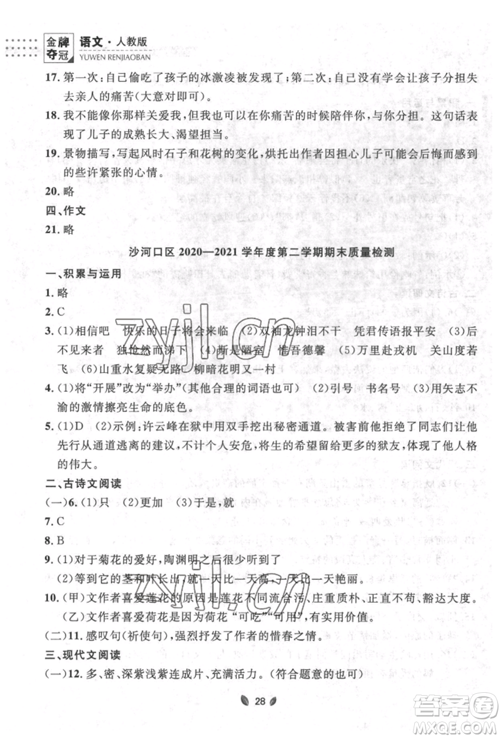 延邊大學(xué)出版社2022點(diǎn)石成金金牌奪冠七年級下冊語文人教版參考答案