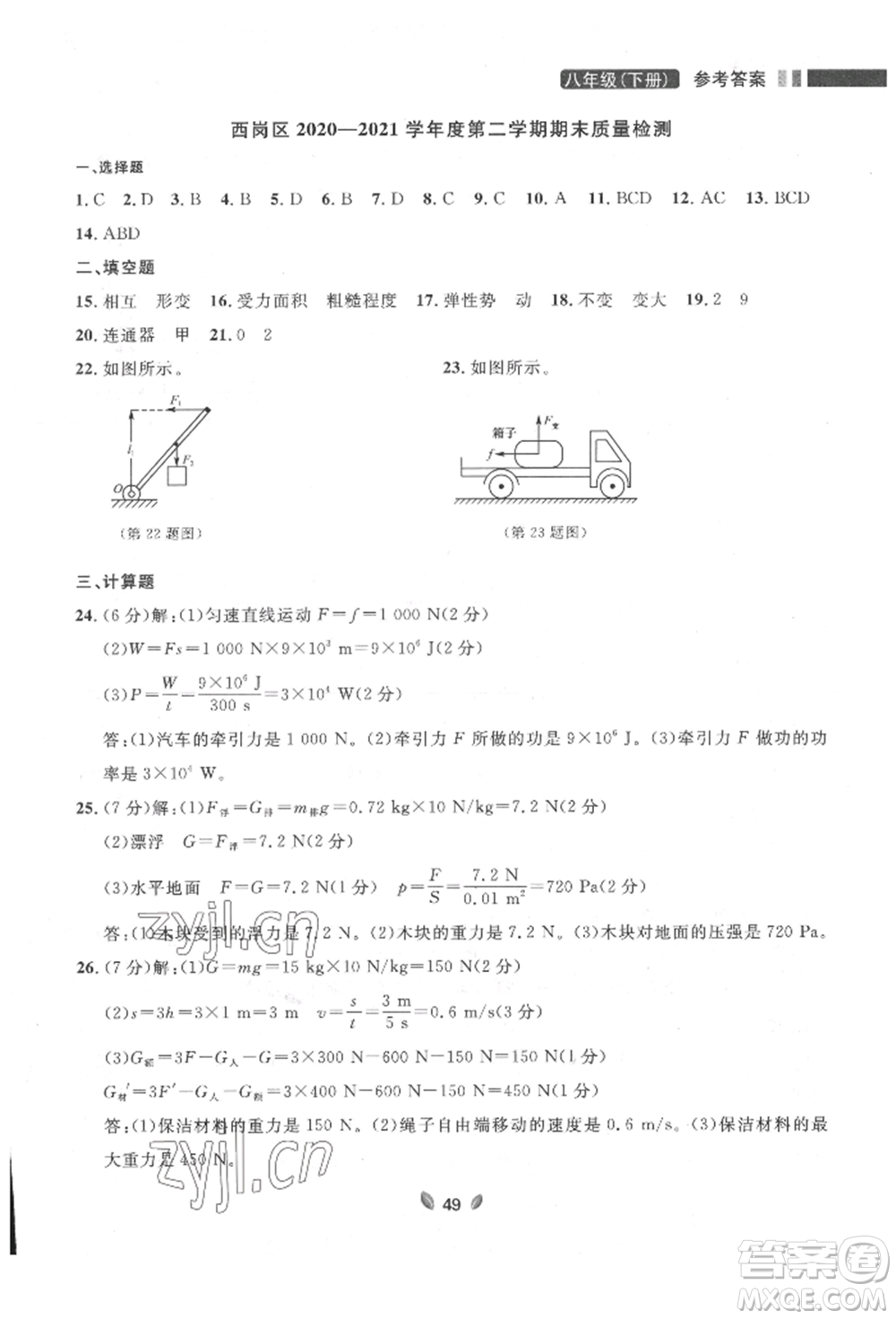 延邊大學(xué)出版社2022點(diǎn)石成金金牌奪冠八年級下冊物理人教版大連專版參考答案