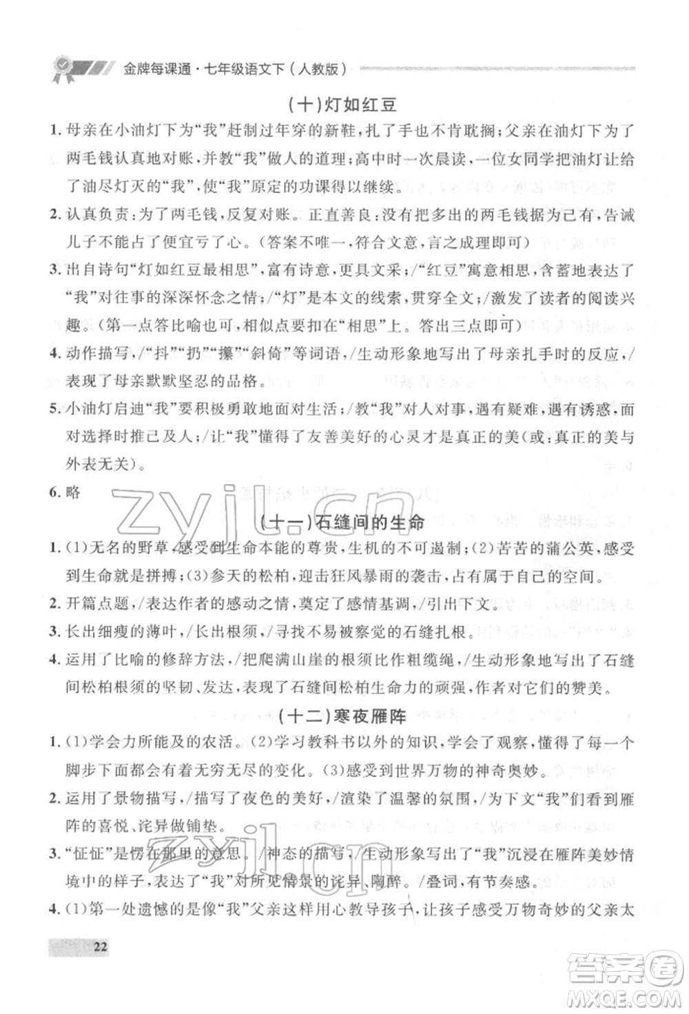 延邊大學(xué)出版社2022點(diǎn)石成金金牌每課通七年級下冊語文人教版參考答案