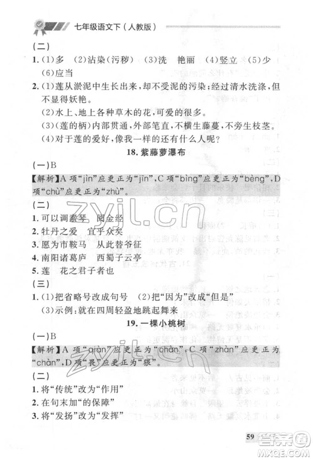 延邊大學(xué)出版社2022點(diǎn)石成金金牌每課通七年級下冊語文人教版參考答案