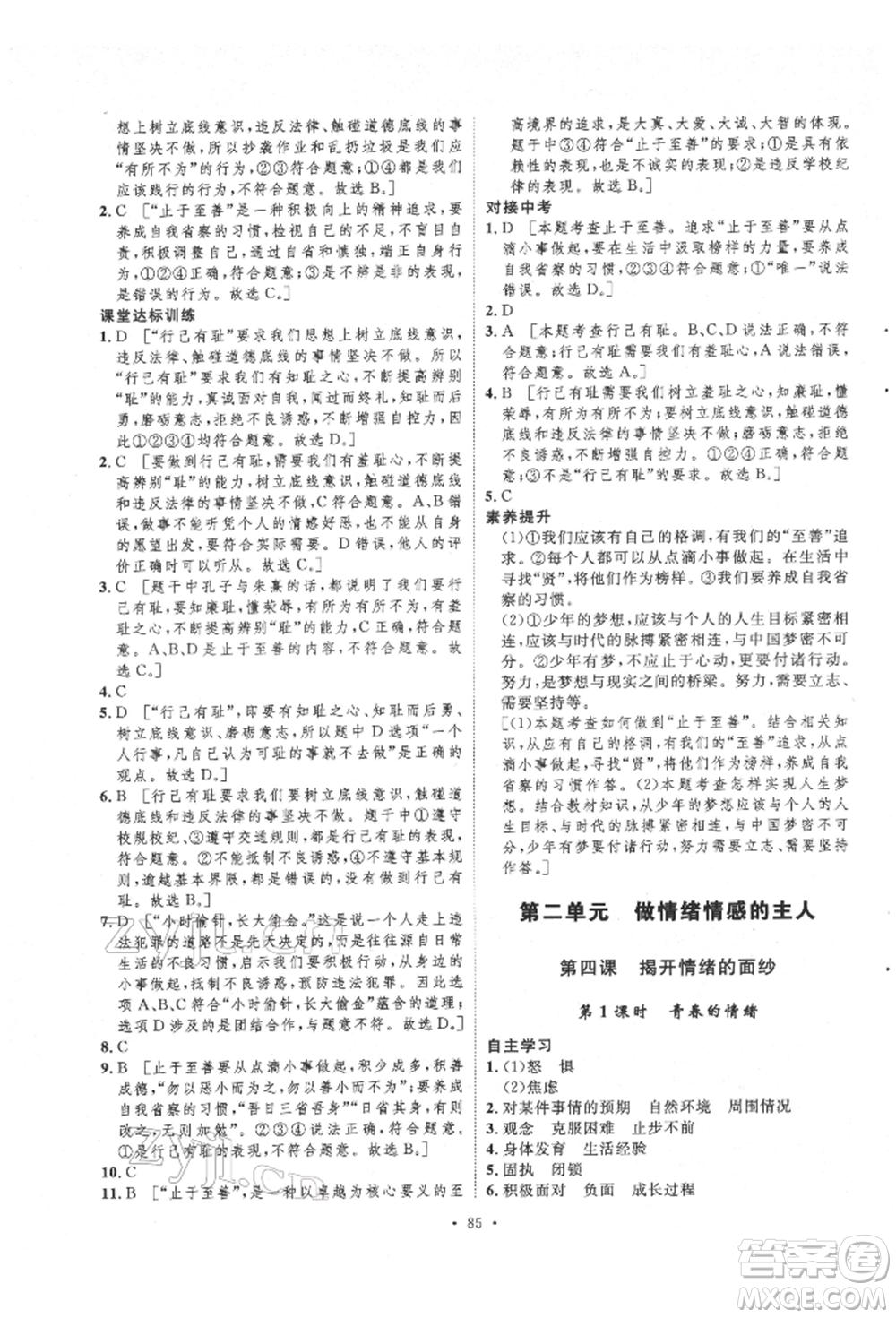 陜西人民出版社2022實驗教材新學(xué)案七年級下冊道德與法治人教版參考答案