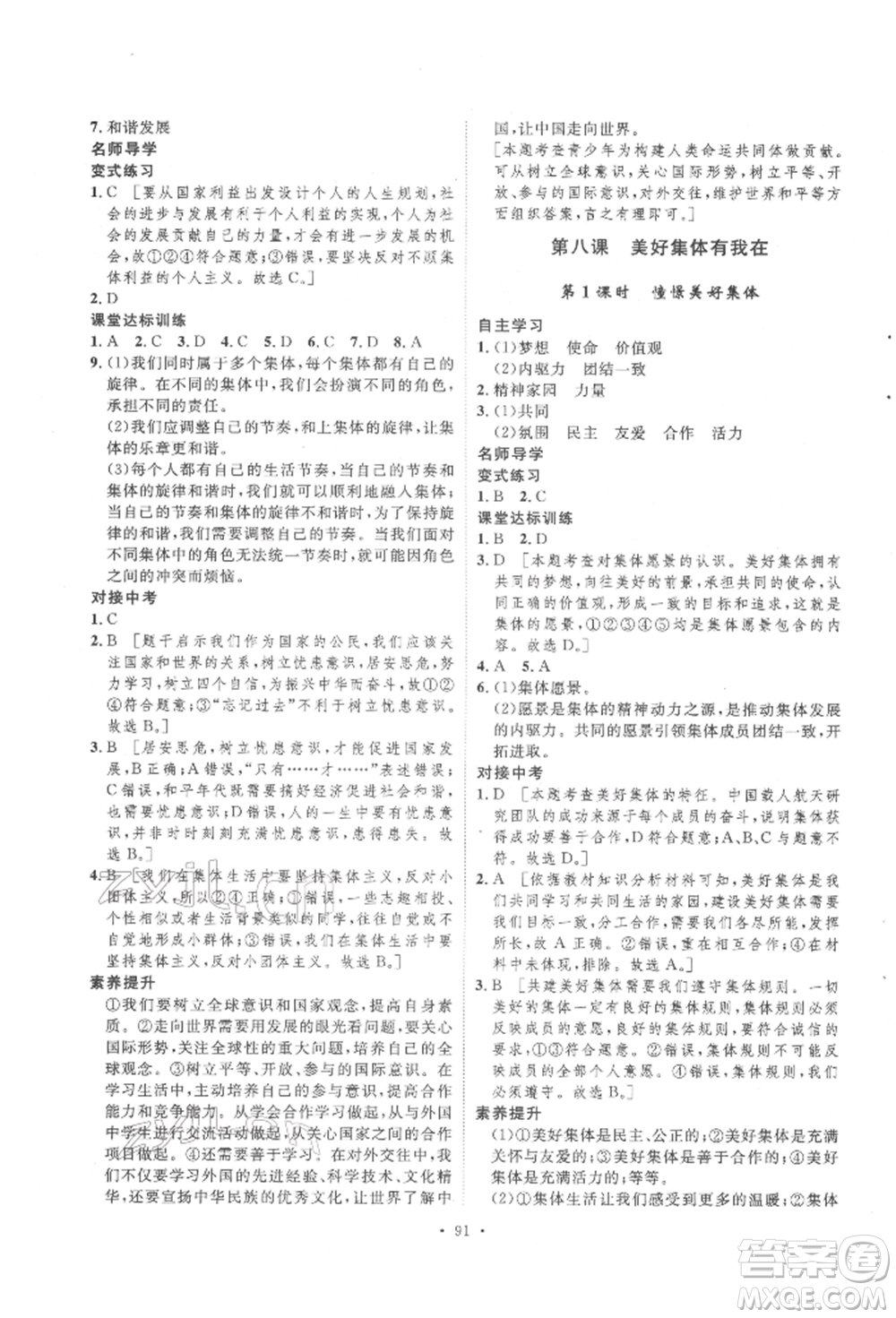 陜西人民出版社2022實驗教材新學(xué)案七年級下冊道德與法治人教版參考答案