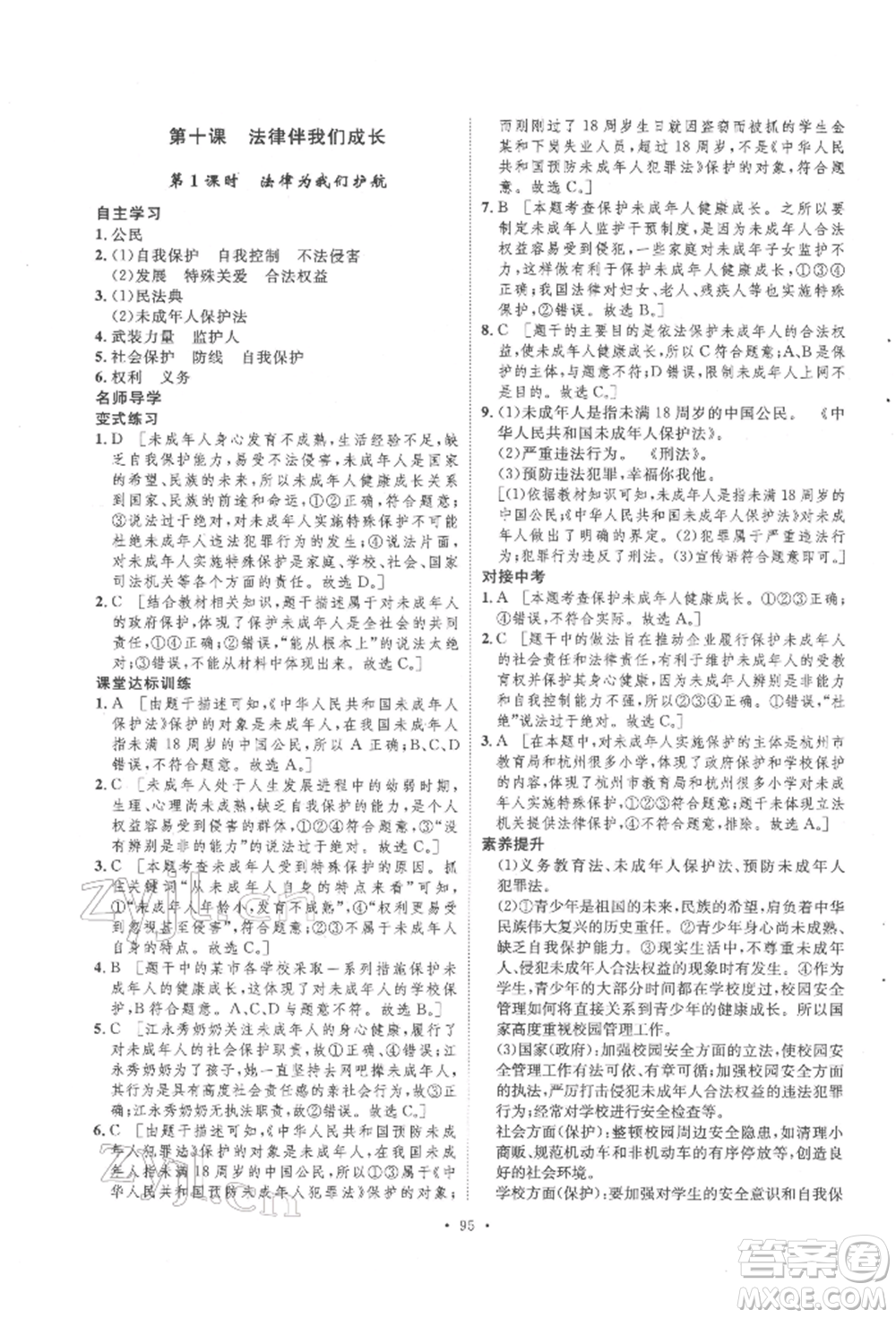 陜西人民出版社2022實驗教材新學(xué)案七年級下冊道德與法治人教版參考答案