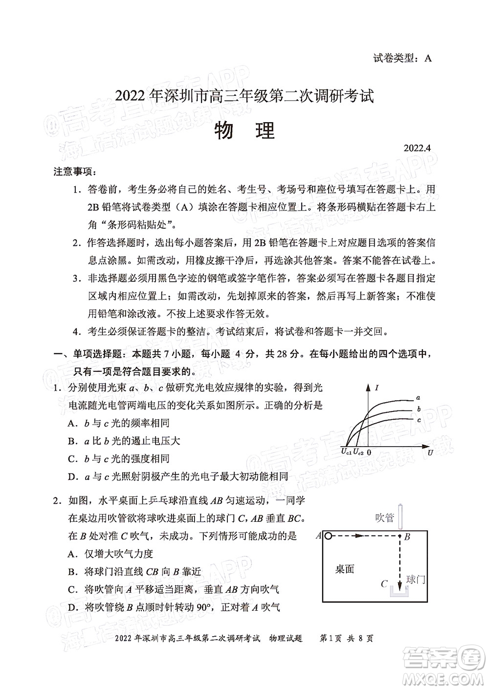 2022年深圳市高三年級(jí)第二次調(diào)研考試物理試題及答案