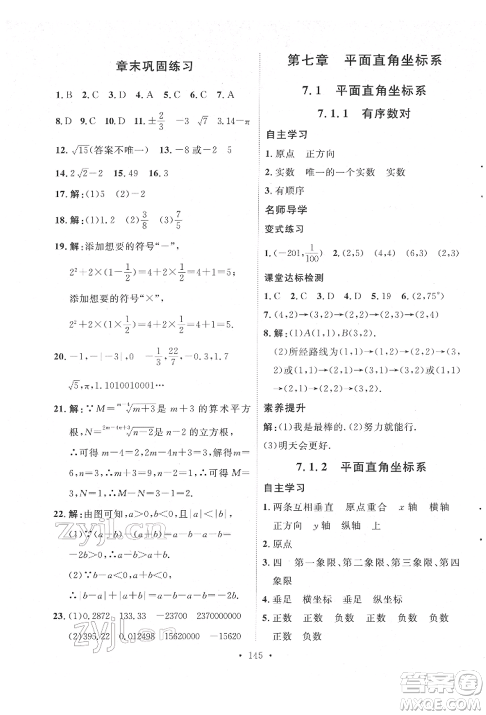 陜西人民出版社2022實(shí)驗(yàn)教材新學(xué)案七年級(jí)下冊(cè)數(shù)學(xué)人教版參考答案