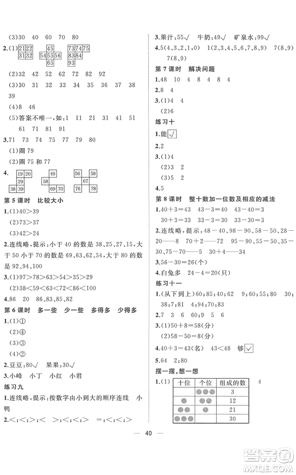 廣西師范大學(xué)出版社2022課堂小作業(yè)一年級數(shù)學(xué)下冊R人教版答案