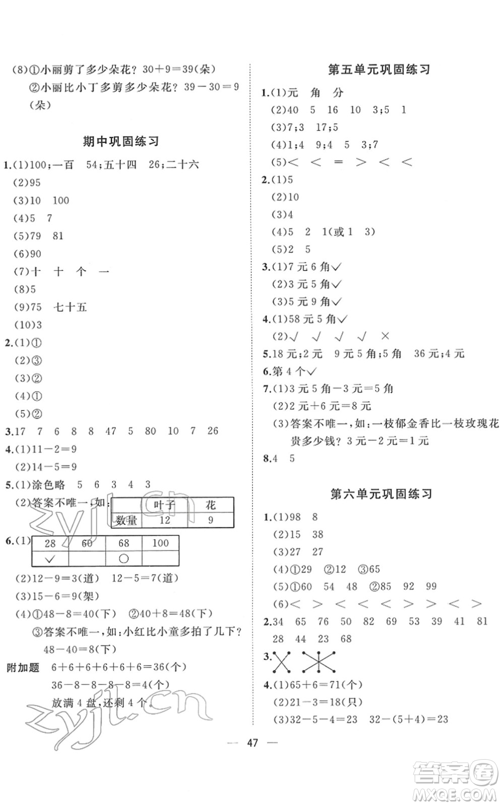 廣西師范大學(xué)出版社2022課堂小作業(yè)一年級數(shù)學(xué)下冊R人教版答案