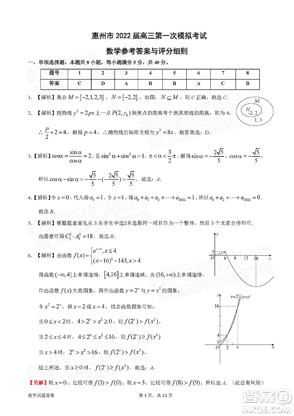 惠州市2022屆高三第一次模擬考試數(shù)學試題及答案