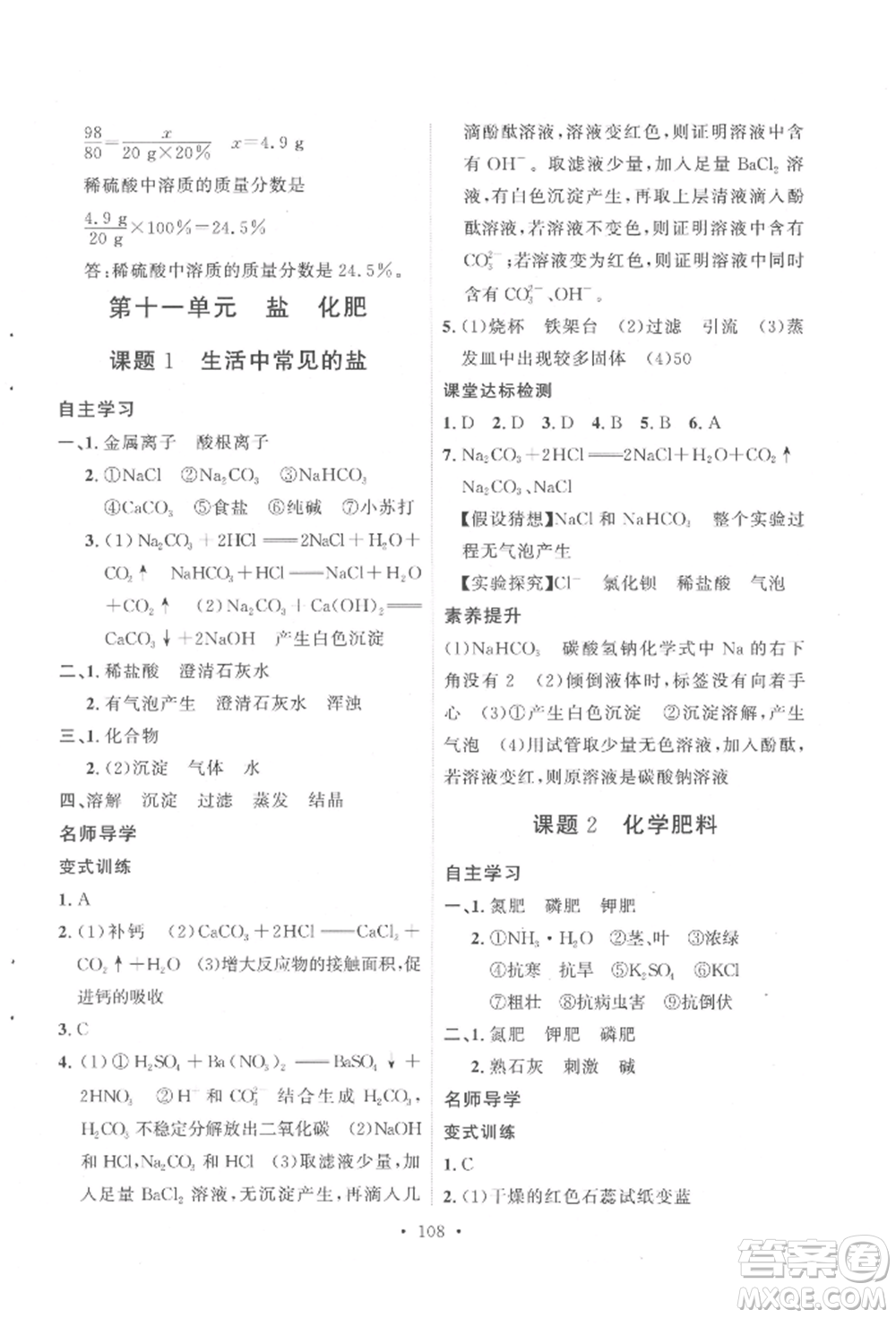 陜西人民出版社2022實(shí)驗(yàn)教材新學(xué)案九年級下冊化學(xué)人教版參考答案