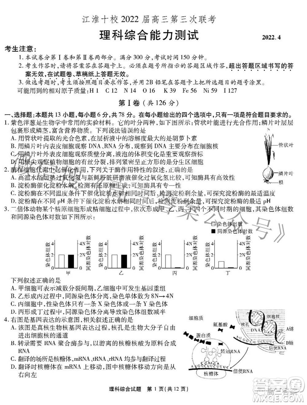 江淮十校2022屆高三第三次聯考理科綜合試題及答案