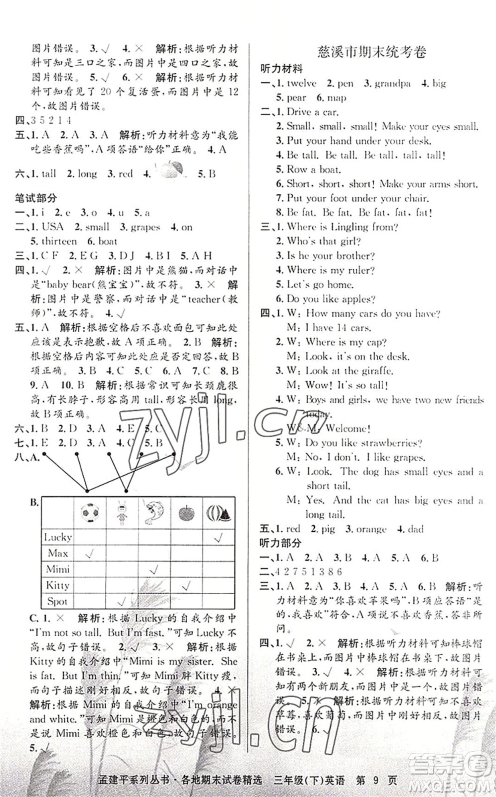 浙江工商大學(xué)出版社2022孟建平各地期末試卷精選三年級(jí)英語(yǔ)下冊(cè)R人教版答案