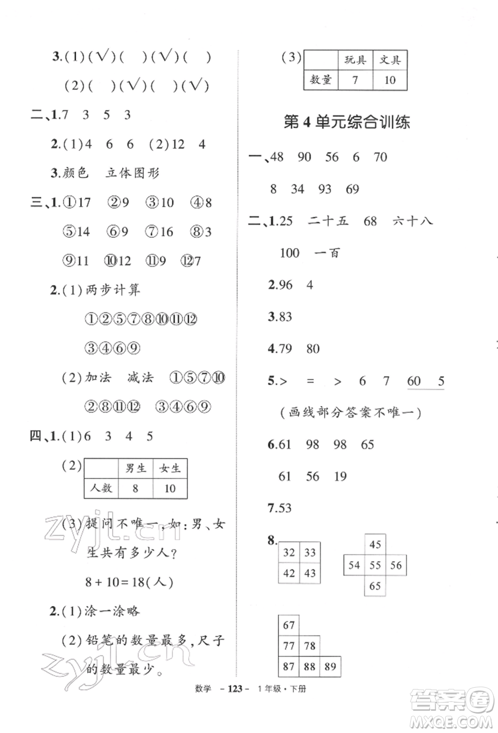 武漢出版社2022狀元成才路創(chuàng)優(yōu)作業(yè)100分一年級下冊數(shù)學(xué)人教版參考答案