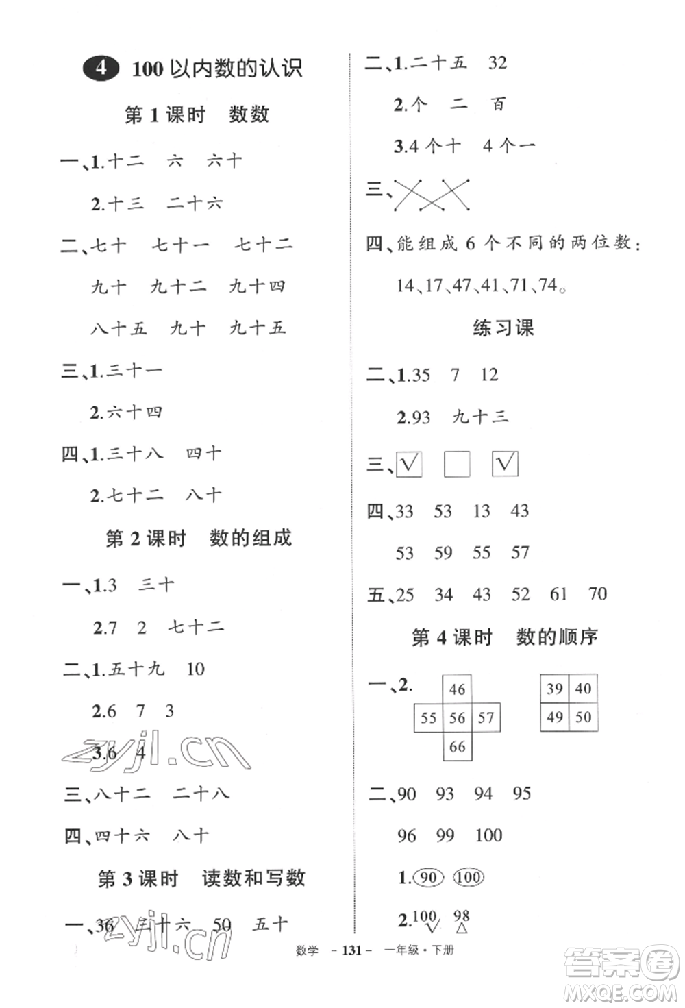 武漢出版社2022狀元成才路創(chuàng)優(yōu)作業(yè)100分一年級下冊數(shù)學(xué)人教版貴州專版參考答案