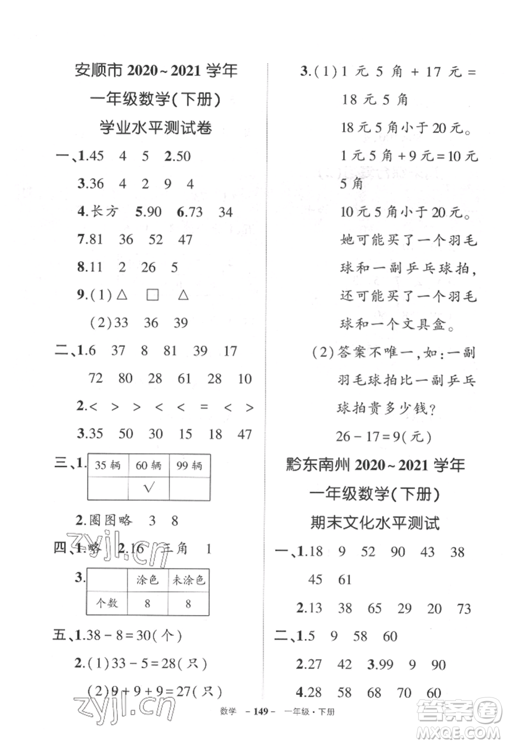 武漢出版社2022狀元成才路創(chuàng)優(yōu)作業(yè)100分一年級下冊數(shù)學(xué)人教版貴州專版參考答案