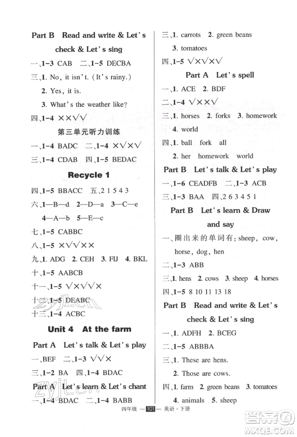 長(zhǎng)江出版社2022狀元成才路創(chuàng)優(yōu)作業(yè)100分四年級(jí)下冊(cè)英語人教版參考答案