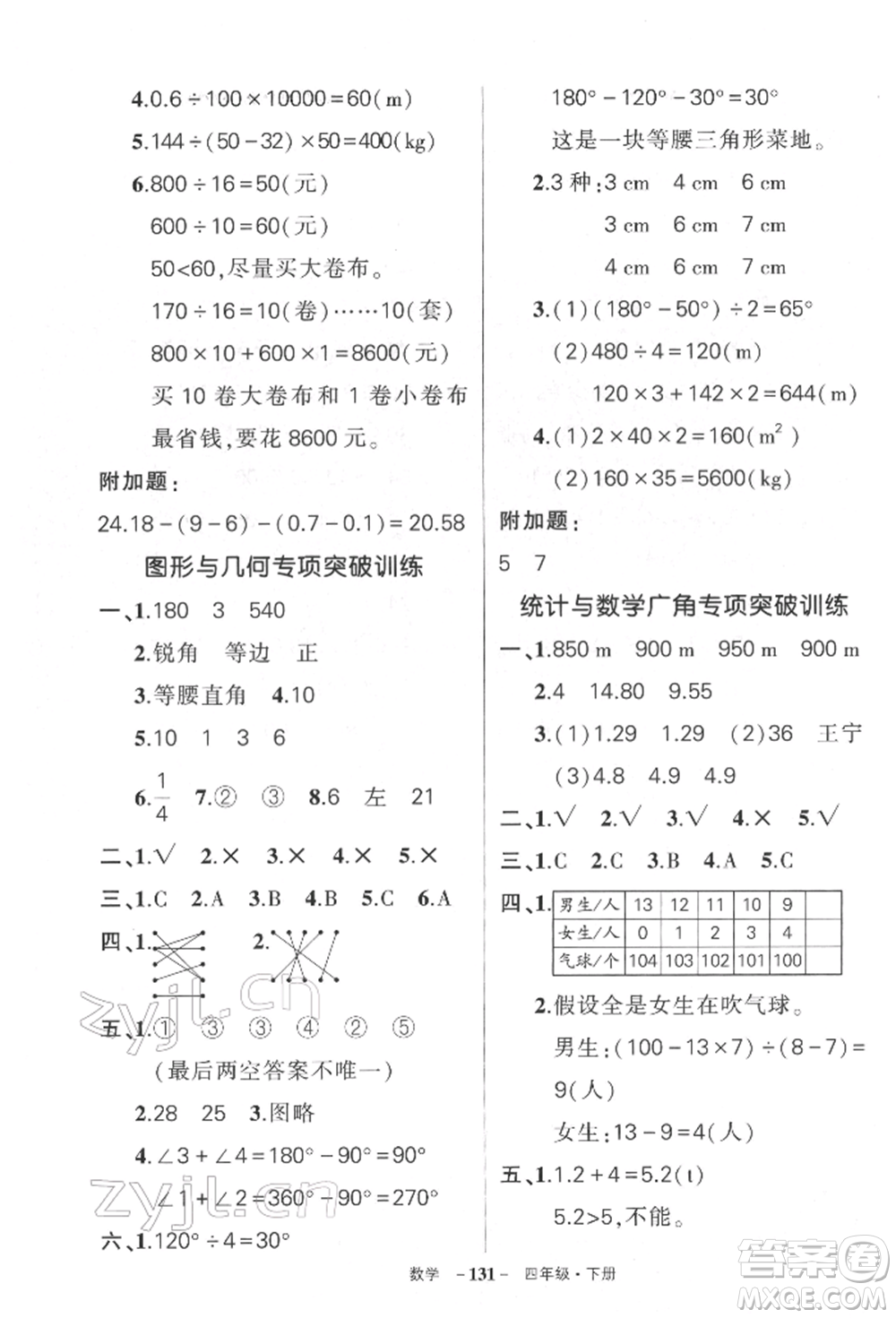 武漢出版社2022狀元成才路創(chuàng)優(yōu)作業(yè)100分四年級(jí)下冊(cè)數(shù)學(xué)人教版湖北專版參考答案